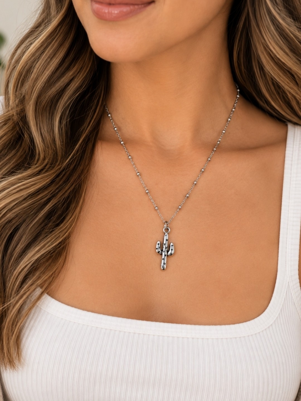 Silvertone Cactus Pendant Necklace